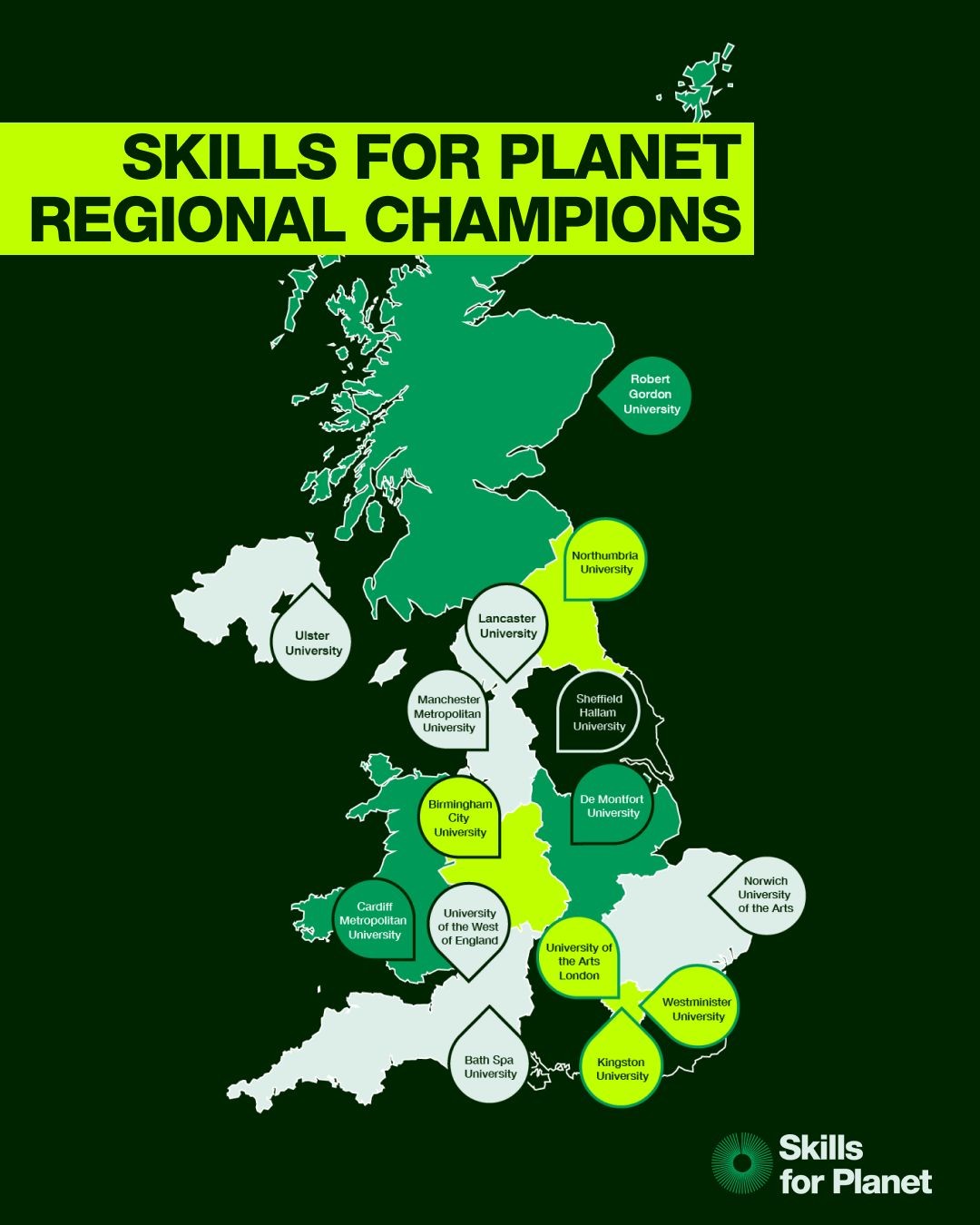 Shaded map of the UK showing skills for planet regions and the Universities where the regional champions are based
