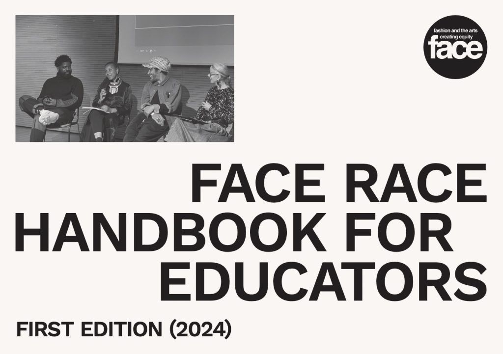 Image of FACE handbook with FACE logo, the title 'FACE race handbook for educators' and a black and white image of 4 seated speakers