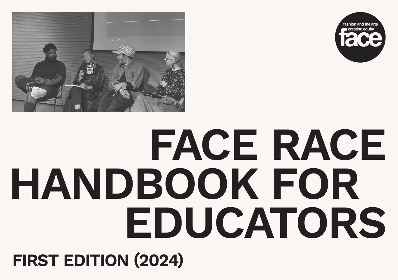 Image of FACE handbook with FACE logo, the title 'FACE race handbook for educators' and a black and white image of 4 seated speakers