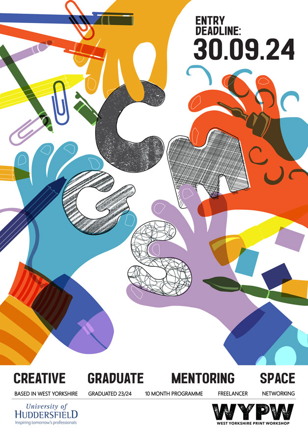 Creative Graduate Mentoring Space poster with images of colourful hands and art equipment spelling out the letters CGMS