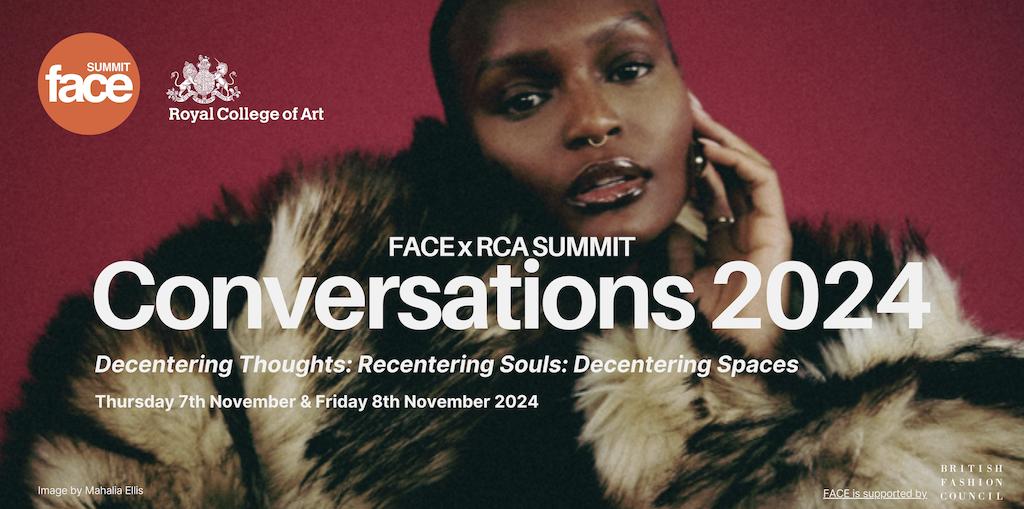 Conversations 2024 poster with image of a model in a fur coat in the background