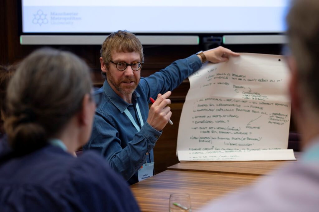 Participants of the Future of Practice Research event taking part and making notes in a roundtable discussion